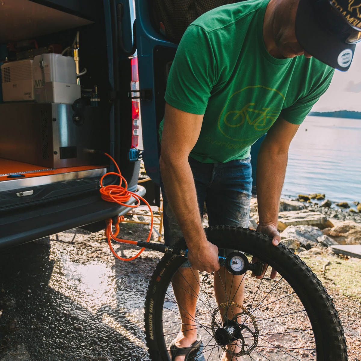 Nomad Vanz Yabba Dabba Doo camper. This camper comes with a built in tyre pumping station for your bike. 